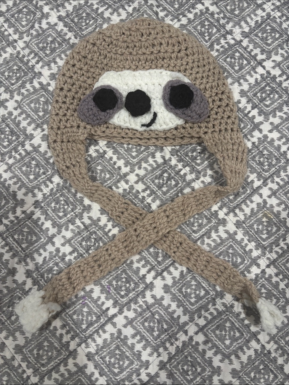 Handmade Sloth Earflap Knit Hat - Taupe & Cream